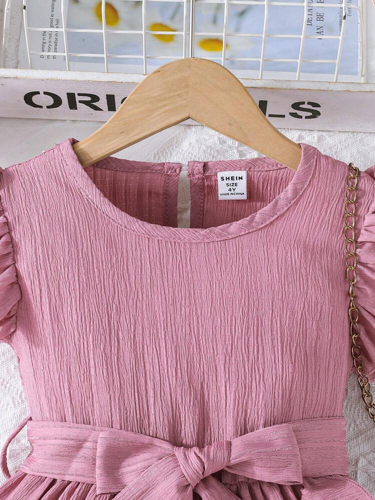 SHEIN Elladie kids 年轻女孩舒适休闲荷叶边下摆连衣裙（配腰带），夏季 - 粉色 - 查看 3