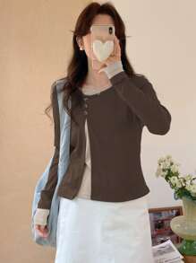 DAZY 女士撞色长袖二合一斜襟圆领蝴蝶T恤，秋季服装