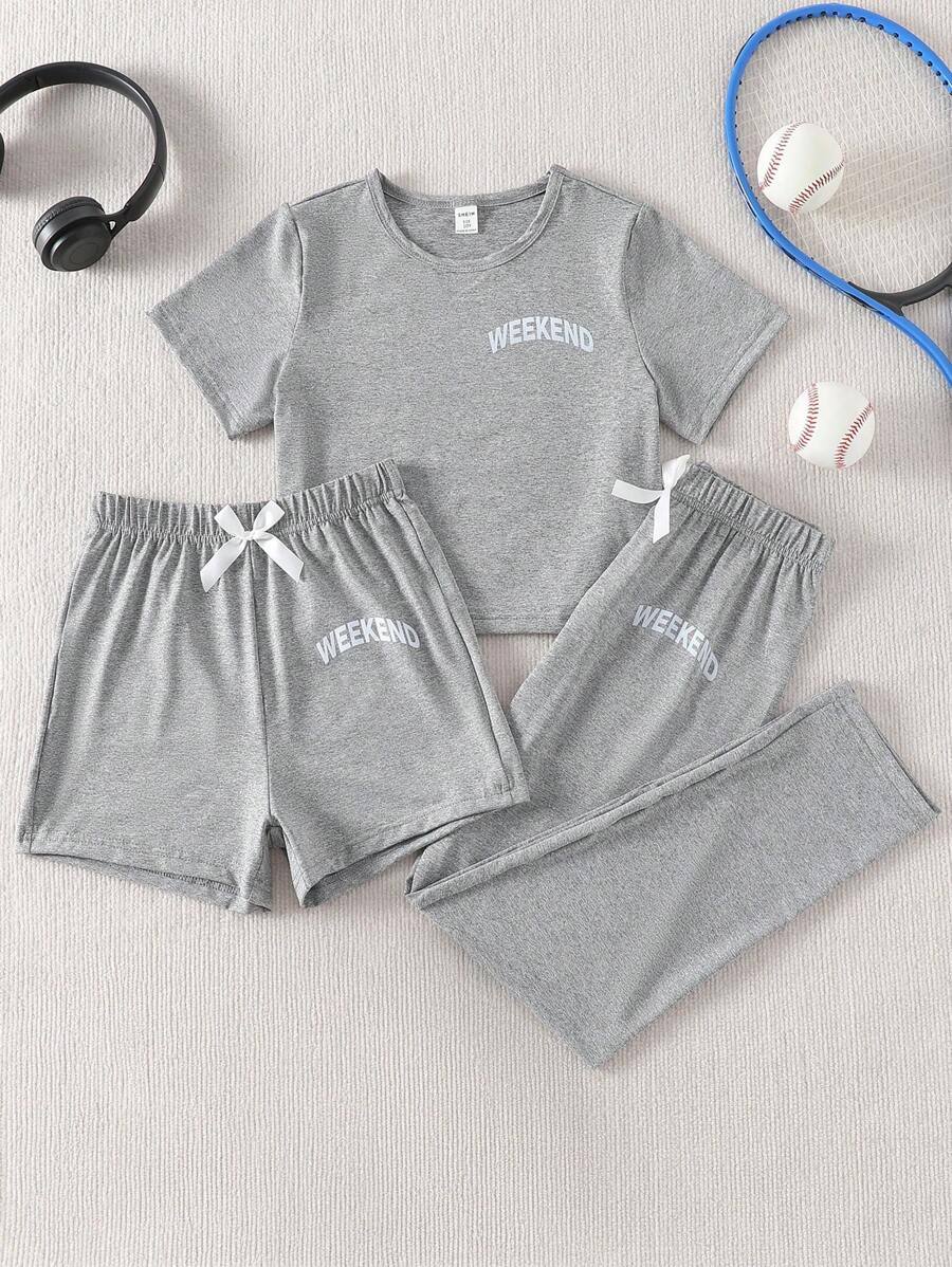Set de 3 piezas de ropa cómoda informal para pre-adolescentes con top de manga corta y cuello redondo estampado con letras y pantalones cortos/largos