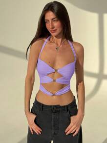 Aloruh 性感露背交叉带紧身金属装饰多层背心 - 紫色 - 查看 5