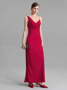 Ontre 2025 New Women Wedding Guest Dress, Asymmetric Neckline Single Slit Elegant Dress, Red Taffeta Fabric, Spring/Summer - Red - View 6