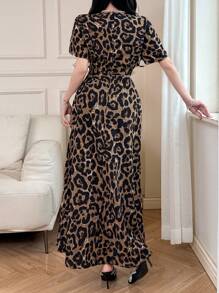 Women Leopard Print Round Neck Short Sleeve Elegant Dress Leopard Dress - Brown - View 7