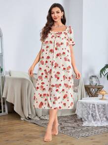 Women's Rose All-Over Print Short Sleeve Sleep Dress - Multicolor - View 6