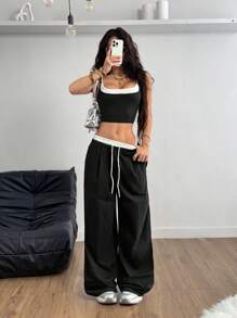 Coolane Conjunto de ropa de primavera/verano para mujer con estilo de calle de moda, parte superior de cami con empalme de colores contrastantes 2 en 1 + pantalones con bloques de color
