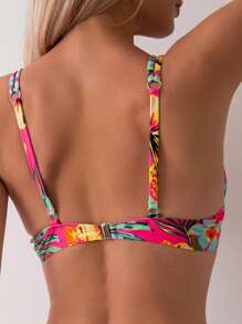 Swim Lushoire Floral Print Classic Beach Swimwear, New Women's Underwire Push Up Metal Decor Bikini Top For Summer Beach Vacation