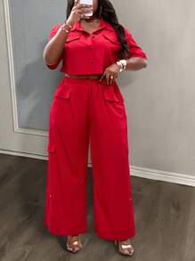 Slaydiva Plus Size Women's Two-Piece Set: Cargo Front Patch Work Cropped Shirt And Side Pocket Wide Leg Pants - Red - View 8