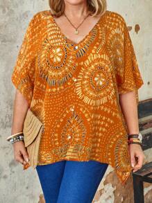 大码女式度假花卉印花蝙蝠袖宽松衬衫，波西米亚风上衣 - 橘色 - 查看 5