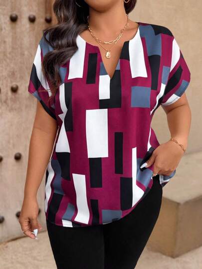 EMERY ROSE Plus Size Women Casual Geometric Print Flat Collar Shirt, Short Sleeve Top