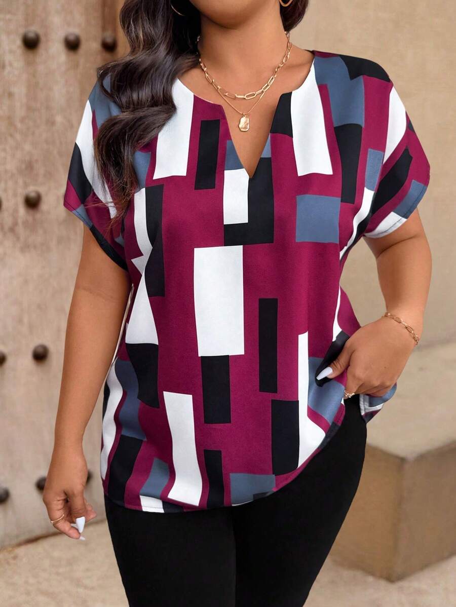 EMERY ROSE Plus Size Women Casual Geometric Print Flat Collar Shirt, Short Sleeve Top