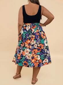 SHEIN VCAY Vestido informal de verano de talla grande estilo boho con estampado floral patchwork y sin mangas