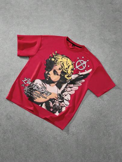  Manfinity EMRG 男士圆领连体T恤，天使做旧复古图案，日常休闲简约街头风，可内可外穿，四季皆宜，男友礼物，说唱歌手，INS 搭配单品，街头服饰，男士男友礼物T恤