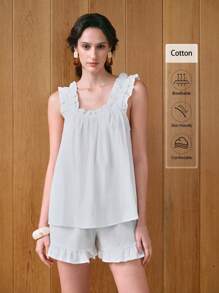 Gloray 2 pièces/ensemble Femme Débardeur en coton tissé sans manches avec short à taille élastique et ourlet à volant, ajustement décontracté et ample