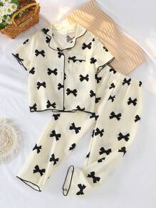 Girls Apricot Butterfly Ruffle Print Button-Up Short Sleeve Pajama Set - Multicolor - View 5