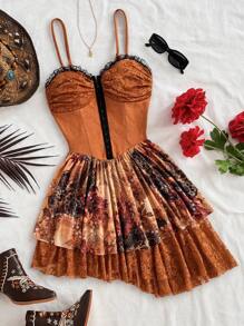 Soleia 度假风格撞色蕾丝不对称下摆绒面短裙，节日装 - 彩色 - 查看 1