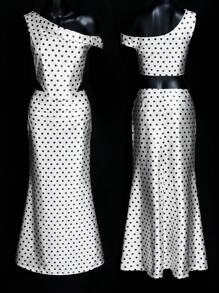 SHEIN ICON Satin Polka Dot Print One-Shoulder Top And Low Waist Skirt Set - Black and White - View 1