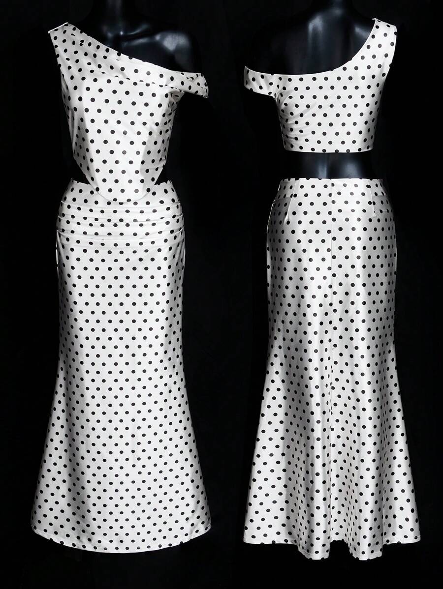 SHEIN ICON Satin Polka Dot Print One-Shoulder Top And Low Waist Skirt Set - Black and White - View 1