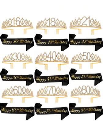 SHEIN Set de 2 piezas: Faja y corona de cumpleaños para mujeres, que incluye corona de cumpleaños, faja con texto "¡Feliz 16°, 18°, 21°, 30°, 40°, 50°, 60°, 70°, 80° cumpleaños!", velas fabulosas y decoración para pastel, regalos de cumpleaños para mujeres, suministros de fiesta de cumpleaños, para Navidad y talla grande.