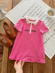 SHEIN Babygirl Cute Striped Polo Collar Short Sleeve Knit Dress, Summer - Pink - View 1