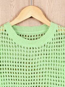 Teen Girl Crew Neck Solid Color Cropped Long Sleeve Pullover Sweater - Mint Green - View 7