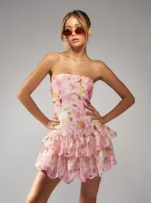 MISSGUIDED Floral Broderie Anglaise Mini Dress Strapless Tiered Ruffle Summer Party Wedding Guest Spring Eyelet Lace Garden Party Easter Brunch - Pink - View 1