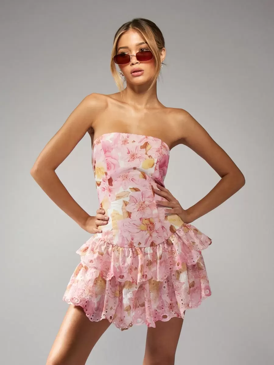 MISSGUIDED Floral Broderie Anglaise Mini Dress Strapless Tiered Ruffle Summer Party Wedding Guest Spring Eyelet Lace Garden Party Easter Brunch - Pink - View 1