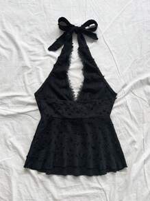 Soleia 女士节日针织波尔卡圆点纹理吊带前 V 领褶皱 A 字形吊带背心上衣，适合派对、约会、情人节、下午茶 - 黑色 - 查看 2