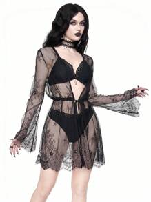 ROMWE Goth 女士蕾丝长袖和服罩衫，简约时尚，适合夏季、万圣节