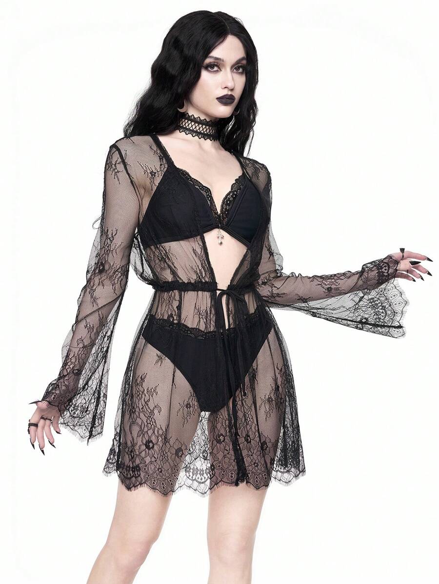 ROMWE Goth 女士蕾丝长袖和服罩衫，简约时尚，适合夏季、万圣节