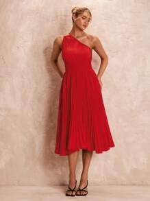 Glamine 女士优雅红色单肩褶皱不对称 A 字形连衣裙，夏季 - 紅色 - 查看 3