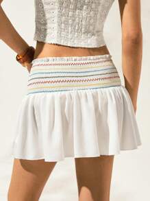 Easelle Spring/Summer Women's Vacation Casual Frill Trim Smocked A-Line Mini Skirt - White - View 4