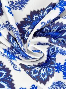 SHEIN Clasi Women Blue & White Floral Mid-Length Dress With Pockets, Elegant Resort Wear, Spring/Summer