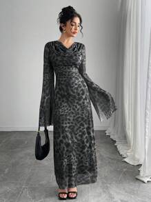Calvaya Women's Leopard Print Plunge Neck Flare Sleeve Bodycon Dress Maxi Women Outfit