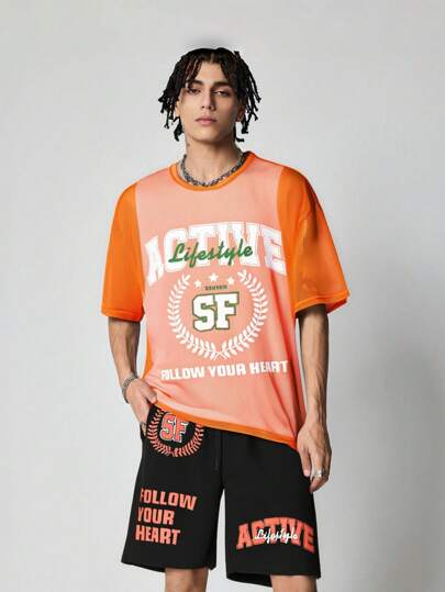 Prep Men's Jersey Mesh Letter Print Round Neck Short Sleeve T-Shirt And Shorts Set