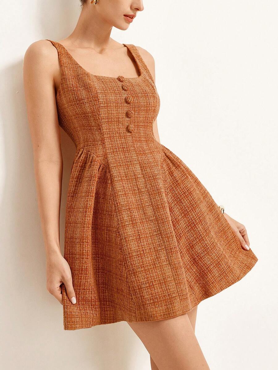 GENKIRA 全新法式复古女装时尚优雅清新贵族Demoiselle高领厚重纹理收腰修身喇叭背心迷你连衣裙春夏季 - 咖啡棕 - 查看 1