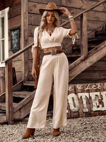 LanaWest Country Music Festival Women's Vacation Shirred Top + Wide Leg Shirred Pants Bohemian Set - Apricot - View 4
