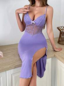 Camisón sexi babydoll con adorno de lazo a contraste y encaje para mujeres