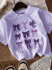 SHEIN Leap Crew Tween Girls' Casual Minimalist Short Sleeve Crew Neck T-Shirt, Suitable For Summer