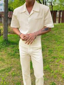 DAZY Summer Solid Office Wear Men's Lapel Neck Short Sleeve Blazer And Pants Suit - White - View 2