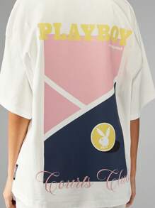 Missguided x Playboy Bunny Logo Oversized T-Shirt Casual Street Style Athleisure Fashion Basic Lounge Modern Streetwear Summer Spring Wardrobe Essential - White - View 3