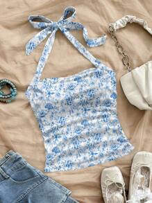 Soleia 2 pezzi Top di canottiera con stampa floreale ditsy blu su scollo a oliva e schiena scoperta, con pieghe, adatto per donna, ideale per vacanze al mare