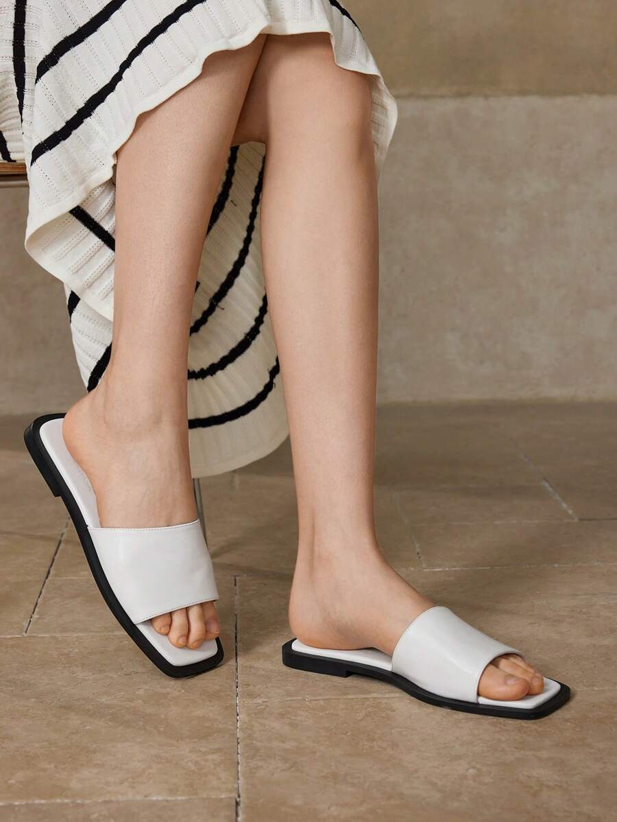 MOTF PREMIUM WOMEN'S COMFORTABLE DAILY CONTRAST TRIM SQUARE TOE FLAT SANDALS, SUMMER FOR CHRISTMAS - White - View 2