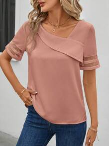 SHEIN Clasi Women Solid Color Asymmetrical Collar Short Sleeve Casual Loose Shirt - Pink - View 4