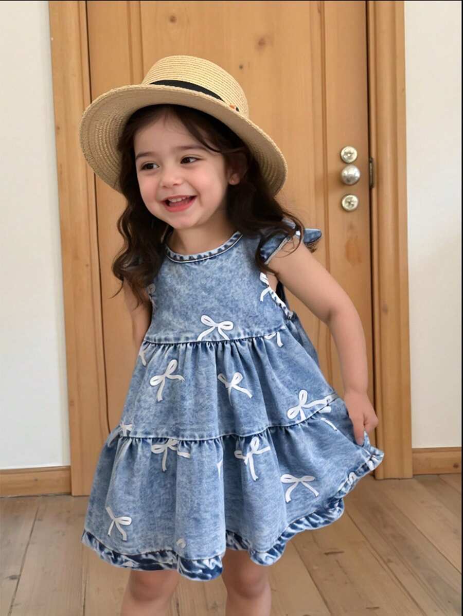 1pc Baby Girl Casual Washed Denim Puff Dress With Embroidered Bowknot Decor - Blue - View 1