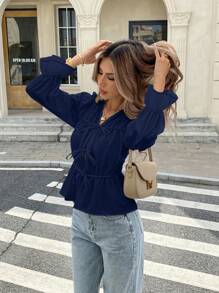 Serisse 女式纯色前系带长袖时尚荷叶边下摆衬衫