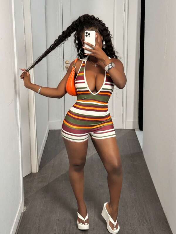 BamGleam Sexy Color Block Deep V-Neck Contrasting Collar Back Hollow Women's Jumpsuit