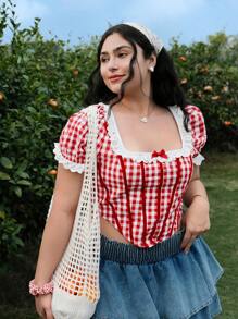 SHEIN MOD Plus Size Girl's Red & White Plaid Ruffle Trim Casual Vacation Blouse. Cute Summer Tops - Red and White - View 1