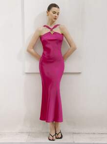 Aveloria 派对晚会轻礼服，女式露背交叉肩带金属装饰，腰部合身超长美人鱼礼服 - 玫紅色 - 查看 5