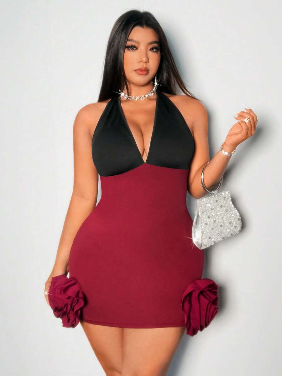 Viva Relle Plus Size Ladies Deep V Halterneck Contrast Large Flower Trim Backless Sexy Red Dress - Multicolor - View 1