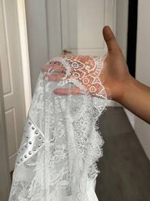 Slaydiva 新款夏季休闲街头风V领落肩七分袖字母刺绣+水钻加大码T恤，适合音乐节穿着 - 白色 - 查看 9