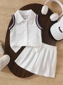 Baby Girls 2024 Summer New Style University Top + White Pleated Skirt 2Pcs Set - White - View 3